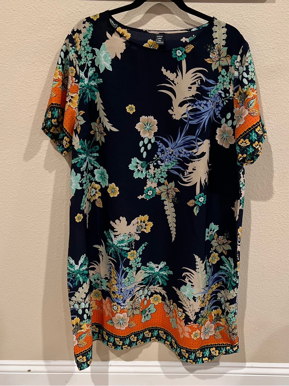 SHEIN Navy Floral Dress with Coral Border